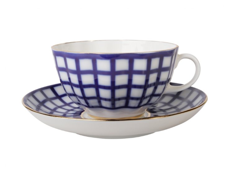 Чашка с блюдцем чайная "Кобальтовая клетка", форма Тюльпан