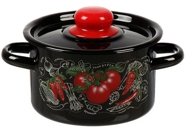 Кастрюля эмал 1,5л черная Помидорки 